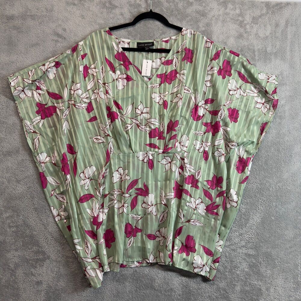 Lane Bryant Blouse Womens 18/20 Green Pink Sheer Top Shirt Tropical Floral NWT